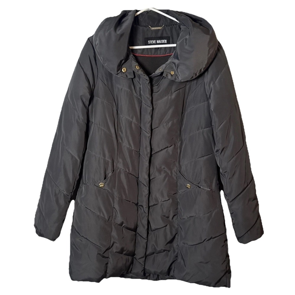 Steve Madden Women's Black Mid‎ Length Puffer Coat Jacket Medium Pillow Collar